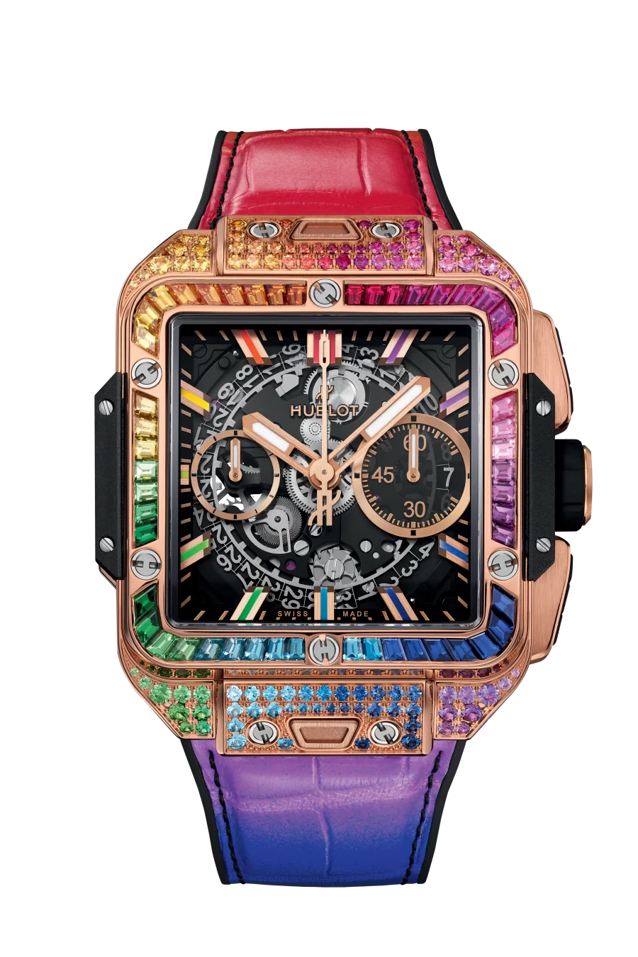 Hublot Square Bang Chronograph Unico 18K King Gold & Colored Gemstones Rainbow Men's Watch, 821.OX.0118.LR.0999